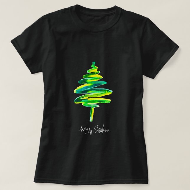 Green Christmas tree abstract watercolor T-Shirt (Design Front)