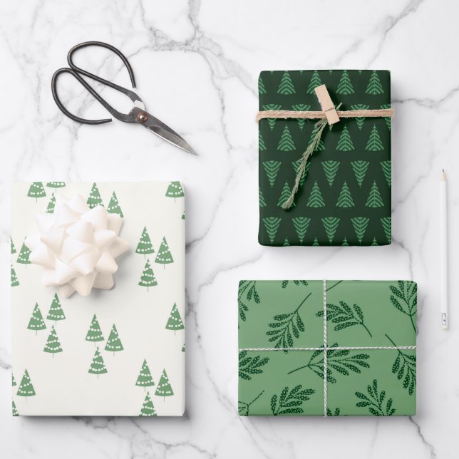 Green Christmas Tree and Botanical Holiday Leaves Wrapping Paper Sheet (Front)