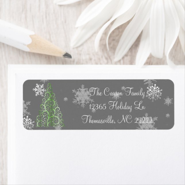 Green Christmas Tree and Snowflakes Address Labels (Insitu)