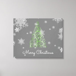 Green Christmas Tree and Snowflakes Canvas Print