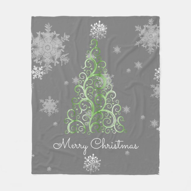 Green Christmas Tree and Snowflakes Fleece Blanket (Front)