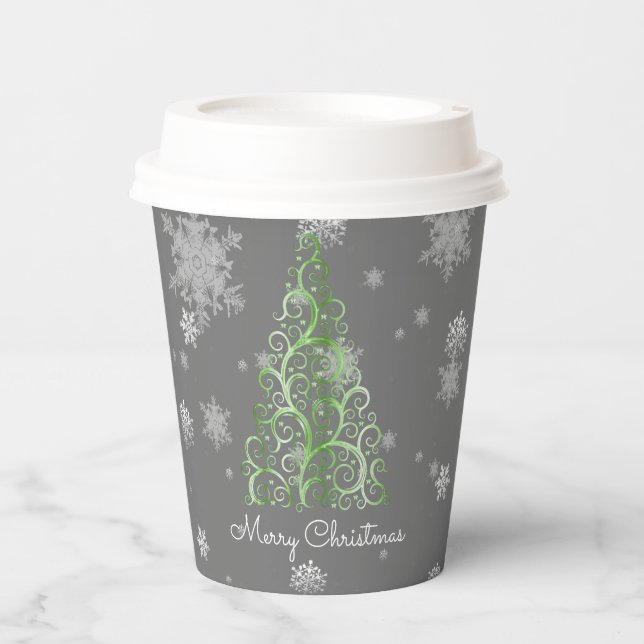 Green Christmas Tree and Snowflakes Paper Cup (Front)