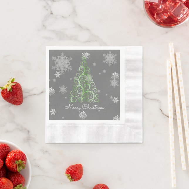 Green Christmas Tree and Snowflakes Paper Napkin (Insitu)