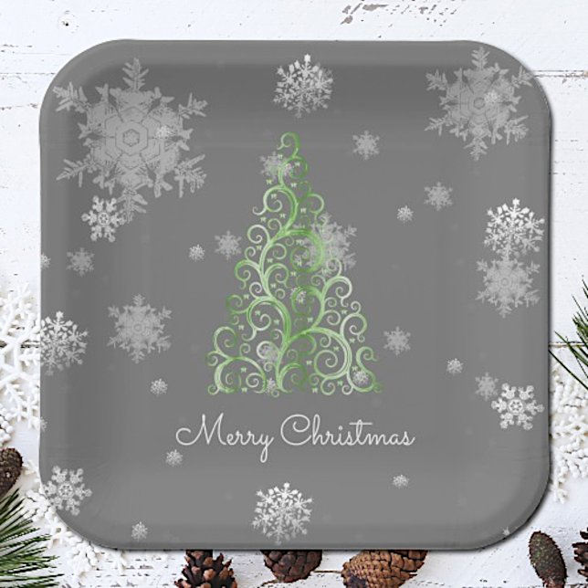 Green Christmas Tree and Snowflakes Paper Plate (Creator Uploaded)