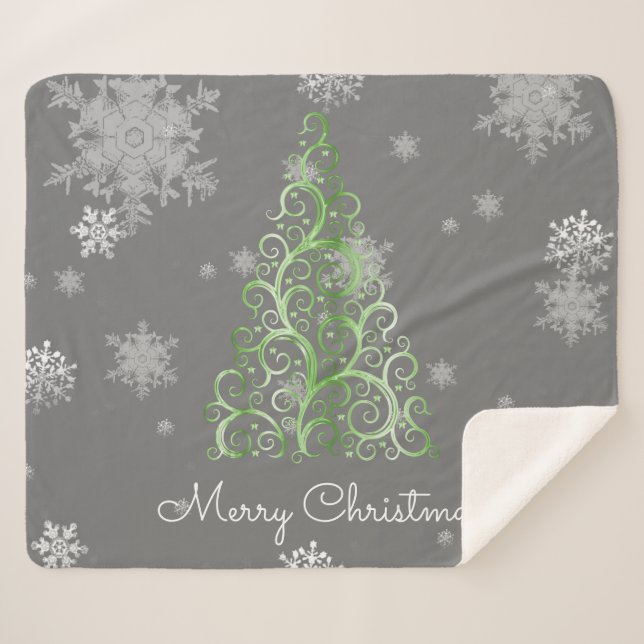 Green Christmas Tree and Snowflakes Sherpa Blanket (Front (Horizontal))