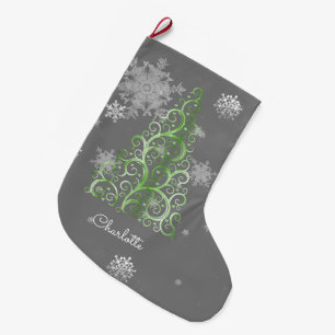 Green Christmas Tree and Snowflakes Stocking
