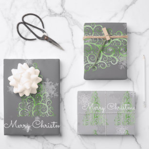 Green Christmas Tree and Snowflakes Wrapping Paper