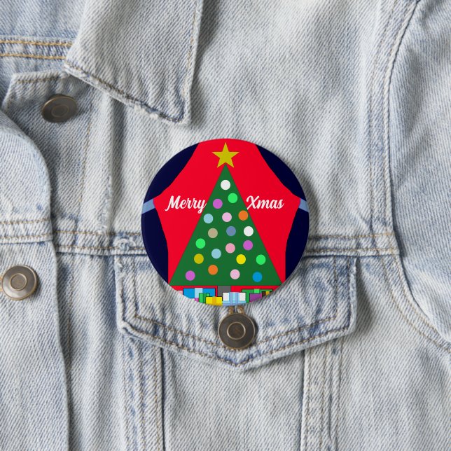 Green Christmas Tree & Blue Drapes: 7.5 Cm Round Badge (In Situ)