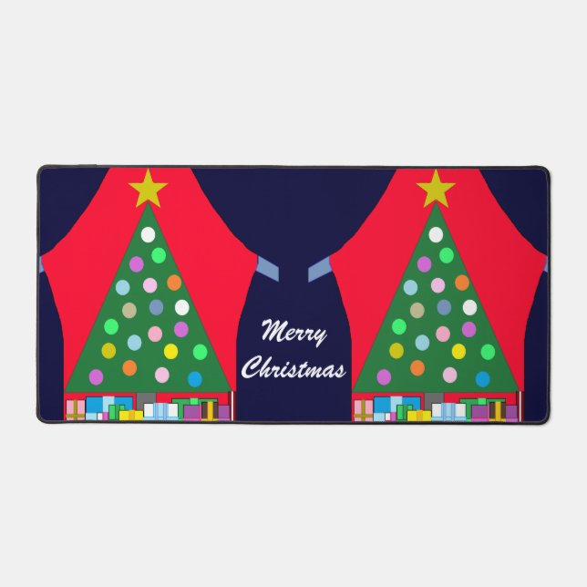 Green Christmas Tree & Blue Drapes: Desk Mat (Front)
