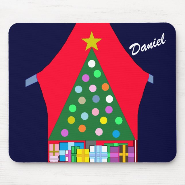 Green Christmas Tree & Blue Drapes: Mouse Mat (Front)