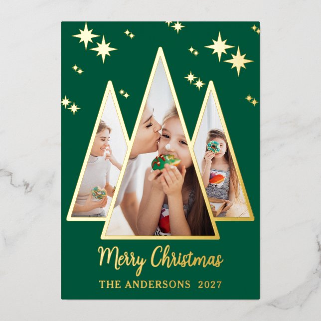 Green Christmas Tree Bold Gold Holiday Photo Card (Front)