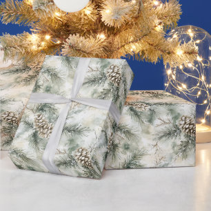 Green Christmas Tree Branches Pine Cones Wrapping Paper