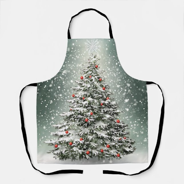 Green Christmas Tree Colourful Ornaments White Sno Apron (Front)