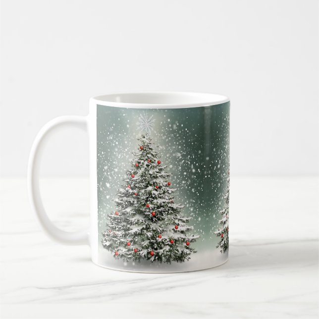 Green Christmas Tree Colourful Ornaments White Sno Coffee Mug (Left)