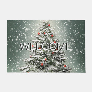 Green Christmas Tree Colourful Ornaments White Sno Doormat