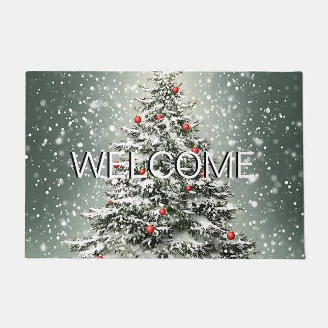 Green Christmas Tree Colourful Ornaments White Sno Doormat (Front)