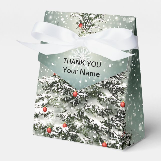 Green Christmas Tree Colourful Ornaments White Sno Favour Box (Front Side)