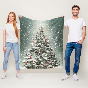 Green Christmas Tree Colourful Ornaments White Sno Fleece Blanket