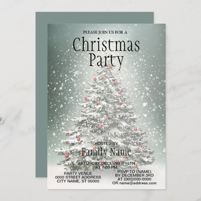 Green Christmas Tree Colourful Ornaments White Sno Invitation (Front/Back)