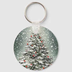 Green Christmas Tree Colourful Ornaments White Sno Key Ring