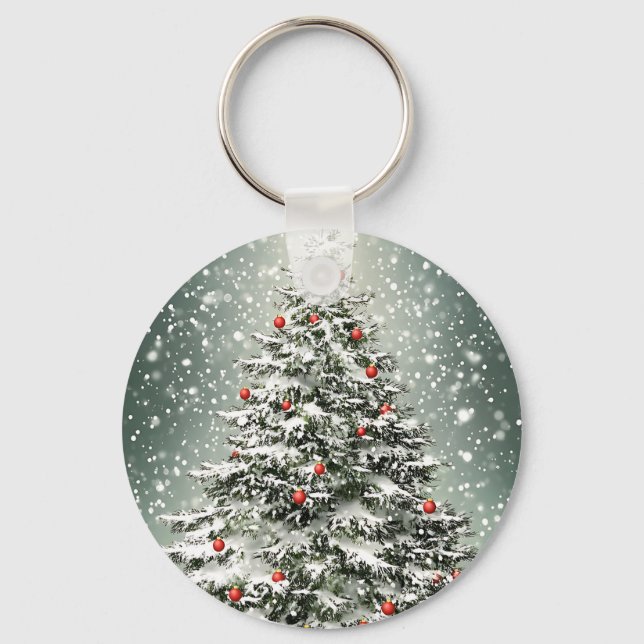Green Christmas Tree Colourful Ornaments White Sno Key Ring (Front)