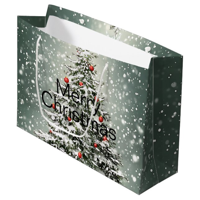 Green Christmas Tree Colourful Ornaments White Sno Large Gift Bag (Front Angled)