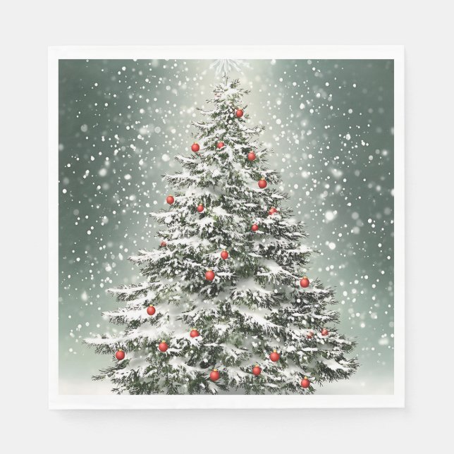 Green Christmas Tree Colourful Ornaments White Sno Napkin (Front)