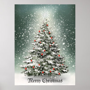 Green Christmas Tree Colourful Ornaments White Sno Poster