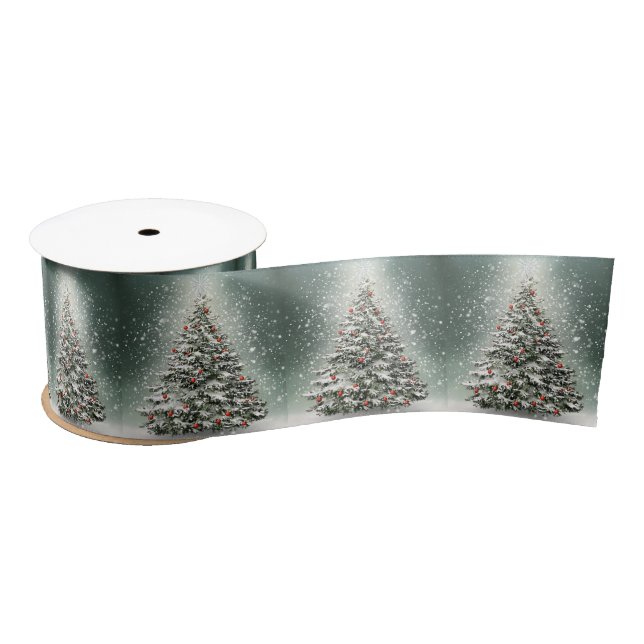 Green Christmas Tree Colourful Ornaments White Sno Satin Ribbon (Spool)