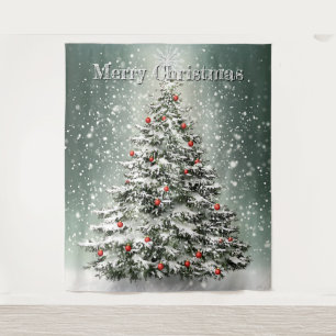 Green Christmas Tree Colourful Ornaments White Sno Tapestry