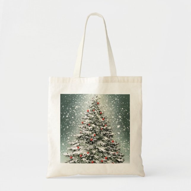 Green Christmas Tree Colourful Ornaments White Sno Tote Bag (Front)