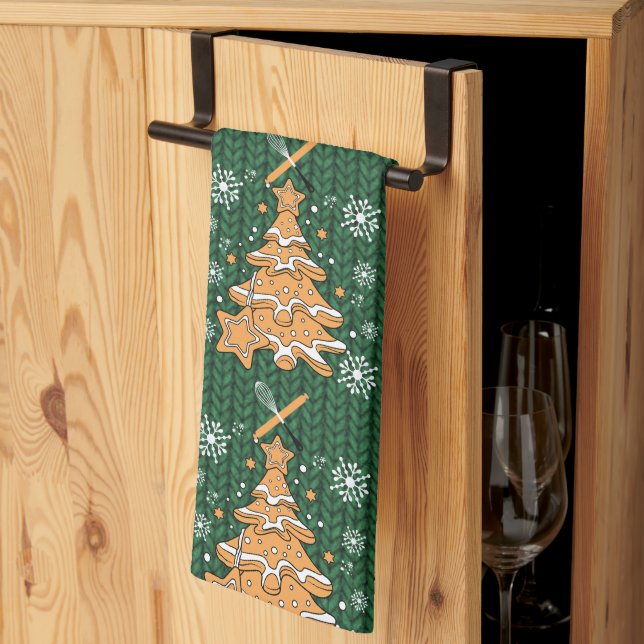 Green Christmas Tree Cookie Baking Crew Snowflakes Tea Towel (Thirds Fold)