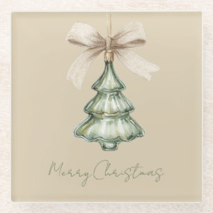 Green Christmas Tree Cream Bow Glass Coaster
