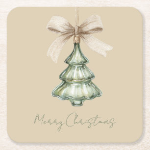 Green Christmas Tree Cream Bow Square Paper Coaster