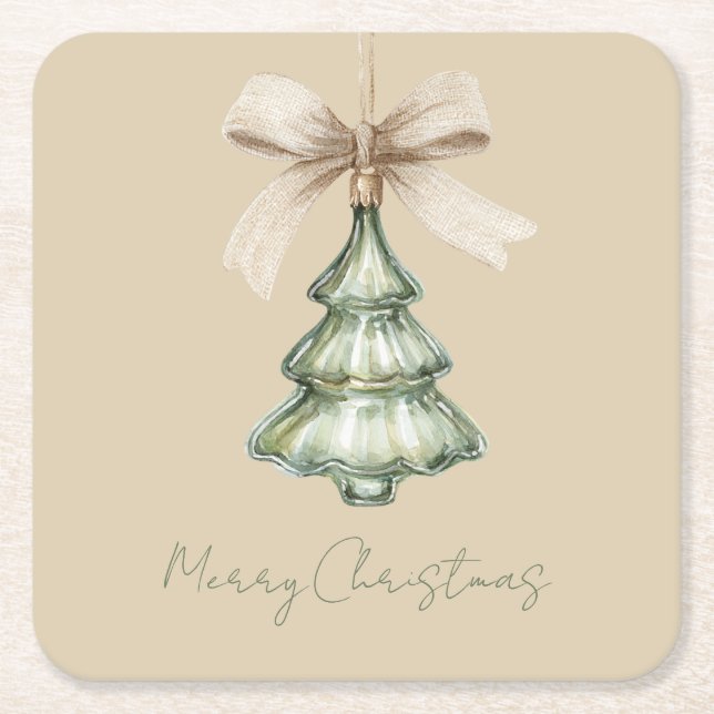 Green Christmas Tree Cream Bow Square Paper Coaster (Front)