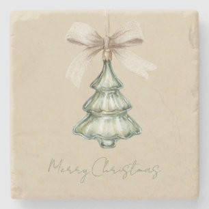Green Christmas Tree Cream Bow Stone Coaster