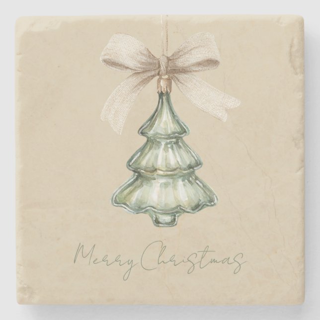 Green Christmas Tree Cream Bow Stone Coaster (Front)