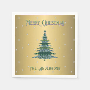 Green Christmas Tree Custom Name Gold Foil Napkin