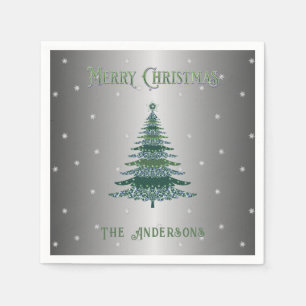 Green Christmas Tree Custom Name Silver Foil Napkin