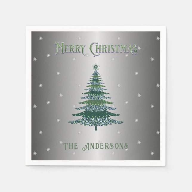 Green Christmas Tree Custom Name Silver Foil Napkin (Front)