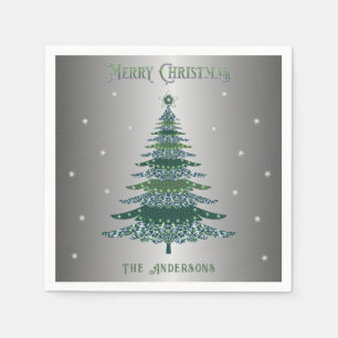 Green Christmas Tree Custom Name Silver Foil Napkin