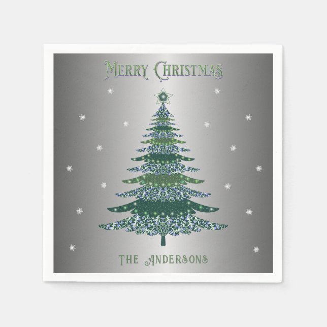 Green Christmas Tree Custom Name Silver Foil Napkin (Front)
