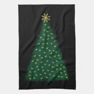 Green Christmas Tree, Gold Running Horses on Black Tea Towel