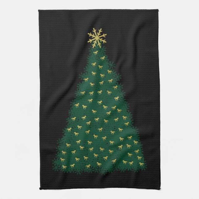 Green Christmas Tree, Gold Running Horses on Black Tea Towel (Vertical)