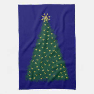 Green Christmas Tree, Gold Running Horses on Navy Tea Towel