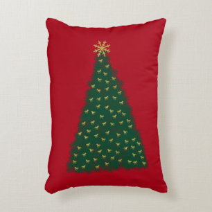 Green Christmas Tree, Gold Running Horses on Red Decorative Cushion