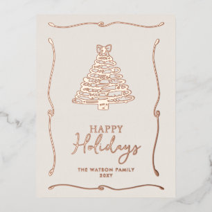 Green Christmas Tree Hand-Drawn Bow Ribbon  Foil Holiday Postcard