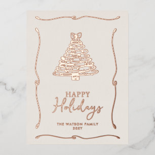 Green Christmas Tree Hand-Drawn Bow Ribbon Foil Holiday Postcard