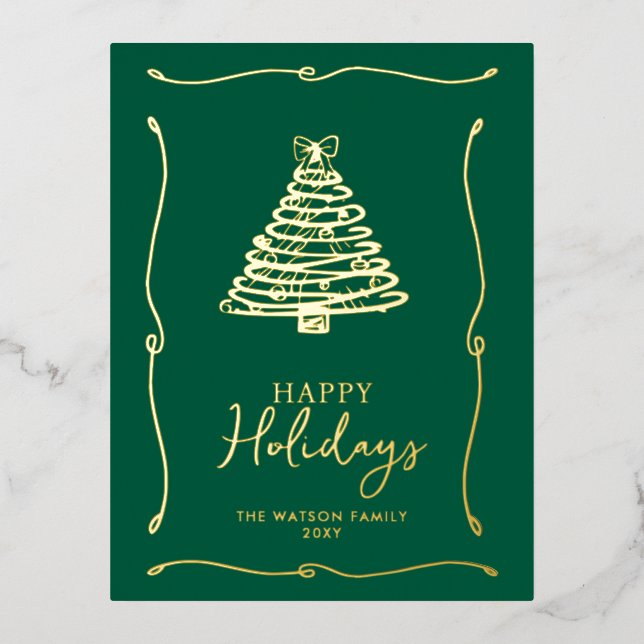 Green Christmas Tree Hand-Drawn Bow Ribbon  Foil Holiday Postcard (Front)
