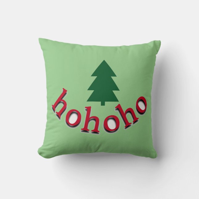 Green Christmas Tree HoHoHo Red Typography Cushion (Front)